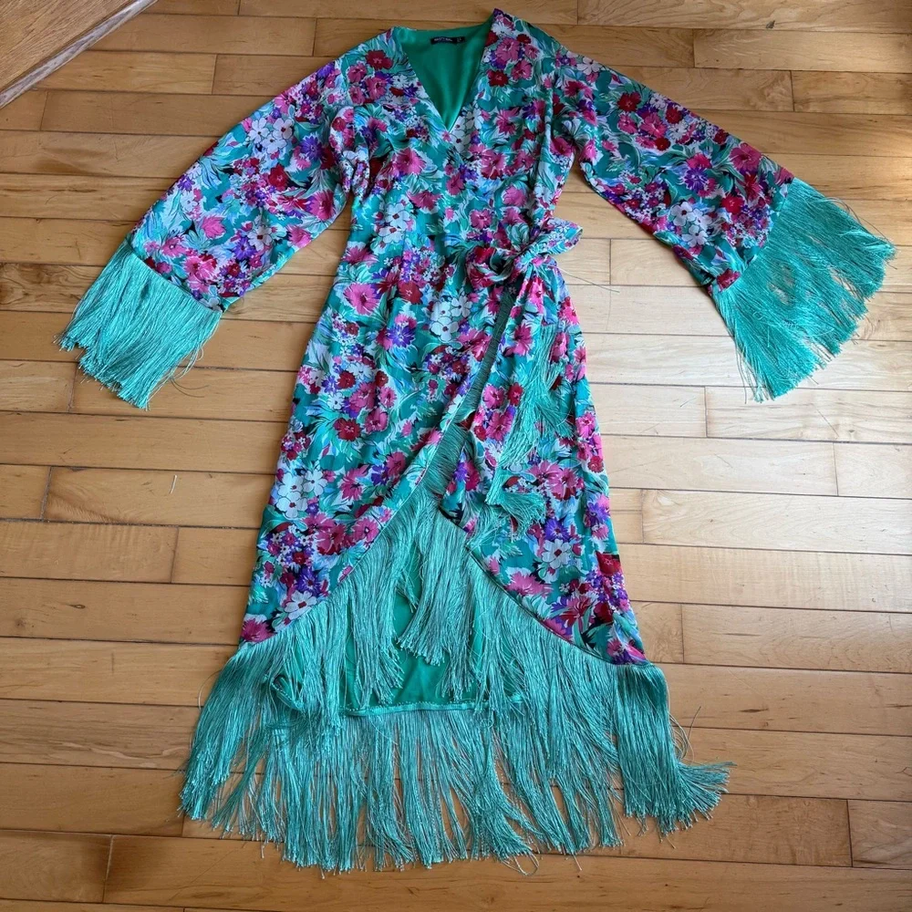 Nasty Gal Teal Floral Wrap Midi Dress with Fringe Size US 6 - Picture 1 of 10